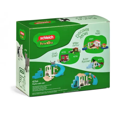 Parque de juegos interactivo para gatos de Schleich con rampa y tejado balancín.