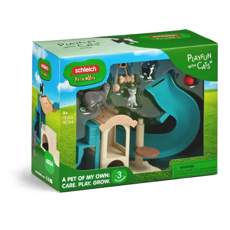 Parque de juegos interactivo para gatos de Schleich con rampa y tejado balancín.