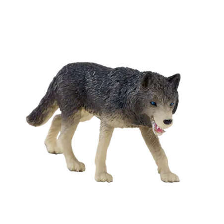 Figura de lobo de madera gris pintado a mano con detalles realistas para decoración.