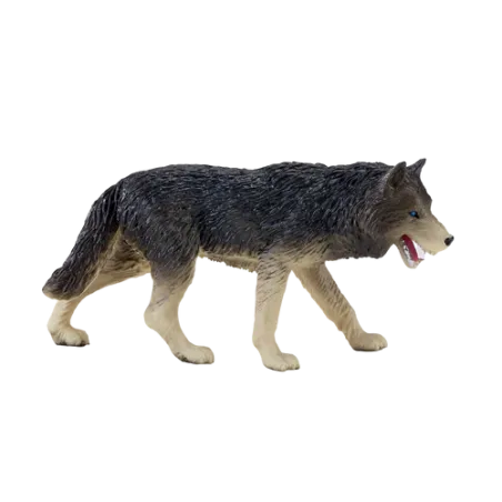 Figura de lobo de madera gris pintado a mano, artesanía decorativa realista y detallada.