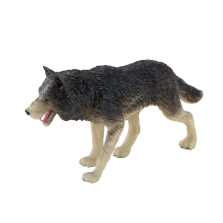 Figura de lobo de madera gris pintado a mano, artesanía decorativa realista y detallada.