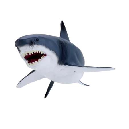 Figura de gran tiburón blanco pintada a mano con detalles realistas para coleccionistas y educación marina.