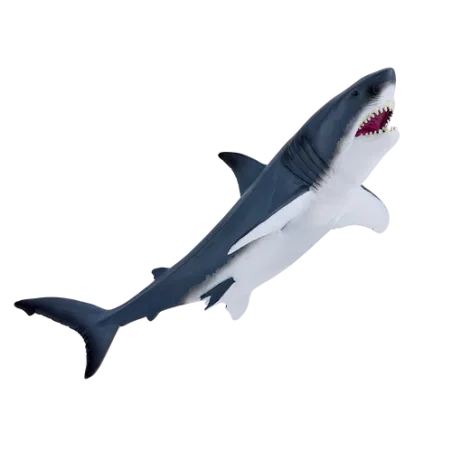Figura artesanal de gran tiburón blanco con detalles anatómicos realistas pintados a mano.
