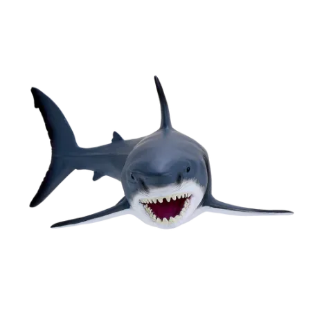 Figura artesanal de gran tiburón blanco con detalles anatómicos realistas pintados a mano.