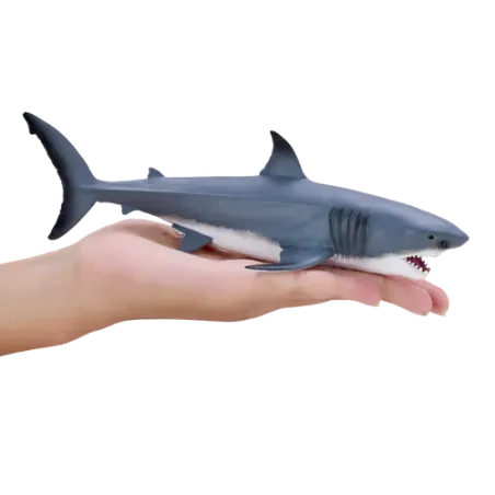 Figura artesanal de gran tiburón blanco con detalles anatómicos realistas pintados a mano.