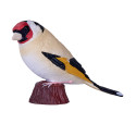 Figura artesanal de jilguero europeo pintada a mano con detalles realistas para decoración.