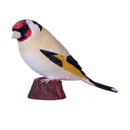 Figura artesanal de jilguero europeo pintada a mano con detalles realistas para decoración.