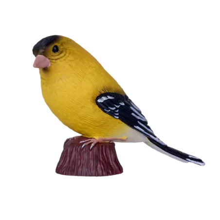 Figura artesanal de jilguero americano pintada a mano con detalles realistas y colores vibrantes.