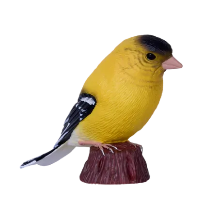 Figura artesanal de jilguero americano pintada a mano con detalles realistas y colores vibrantes.