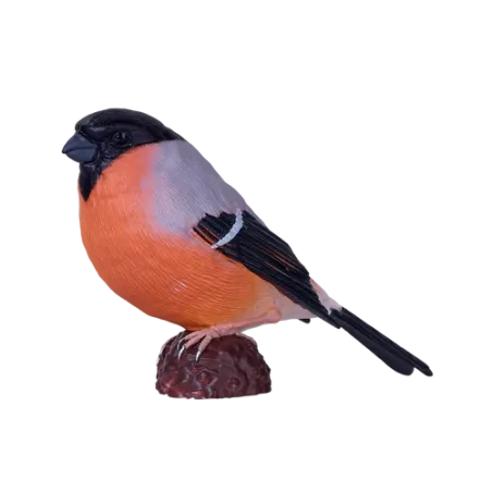 Figura de pájaro camachuelo pintada a mano con detalles realistas para decoración.