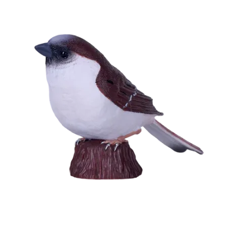 Figura realista de gorrión común pintada a mano para decoración y coleccionistas de ornitología.