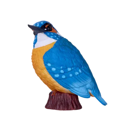 Figura decorativa de martín pescador pintada a mano en tonos azules y naranjas para decoración del hogar.