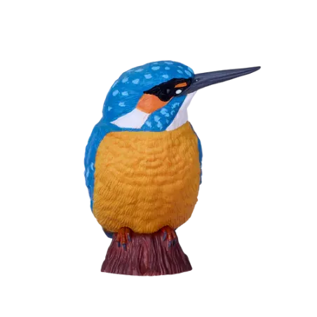 Figura decorativa de martín pescador pintada a mano con detalles en azul y naranja para decoración de hogar.