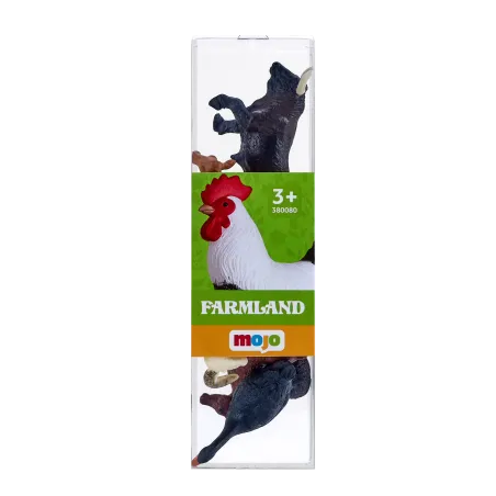 Set de 6 figuras de juguete de animales de granja Mojo dentro de su tubo de almacenamiento transparente.