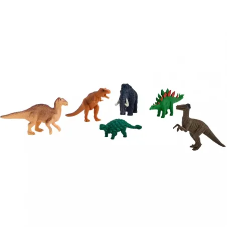 Tubo con 6 figuras de juguete de mini dinosaurios realistas para juego educativo infantil.