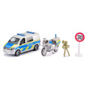 Furgoneta policial VW T6 de juguete y motocicleta BMW de Siku en metal con puertas practicables.