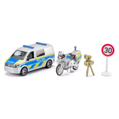 Furgoneta policial VW T6 de juguete y motocicleta BMW de Siku en metal con puertas practicables.