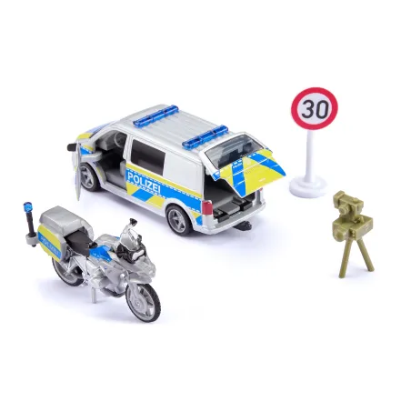 Furgoneta de policía VW T6 y motocicleta BMW de juguete Siku en metal