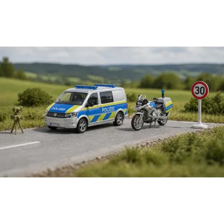 Furgoneta de policía VW T6 y motocicleta BMW de juguete Siku en metal