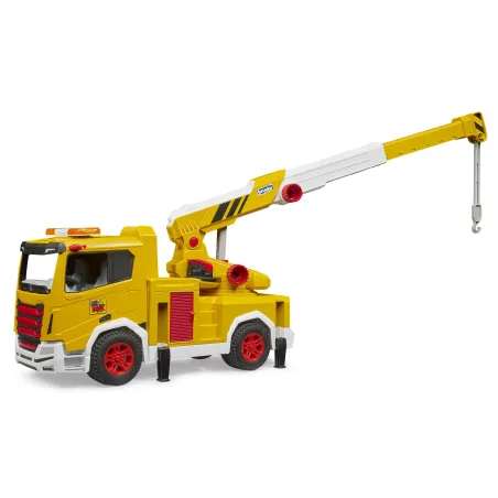 Camión grúa de juguete ROADMAX de Bruder escala 1:16 con brazo extensible y soportes desplegables.