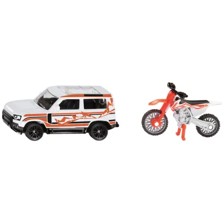 Land Rover Defender de juguete SIKU con motocicleta KTM en miniatura para coleccionistas.