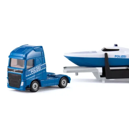 Camión Volvo de juguete con remolque y barco Siku de metal y plástico resistente