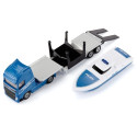 Camión Volvo de juguete con remolque y barco Siku de metal y plástico resistente