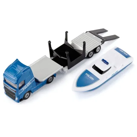 Camión Volvo de juguete con remolque y barco Siku de metal y plástico resistente