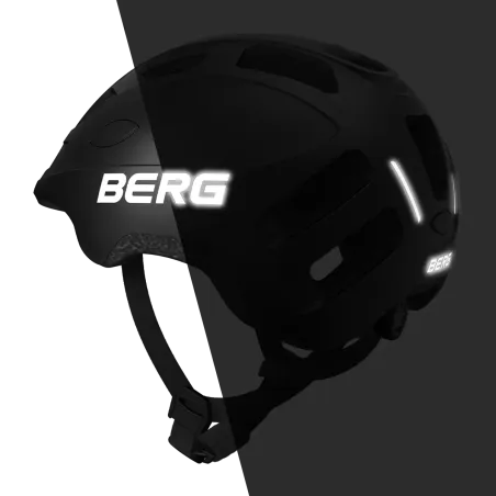 Casco de ciclismo BERG talla M con ventilación, red anti-insectos y detalles reflectantes para seguridad vial.