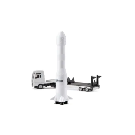 Camión de juguete MAN Siku con miniatura de cohete espacial de la ESA a escala 1:87