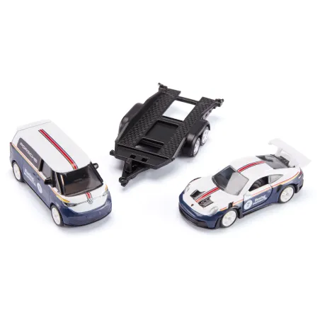 Set a escala 1:50 de furgoneta VW ID. Buzz con remolque y coche deportivo Porsche 911 GT3 RS.