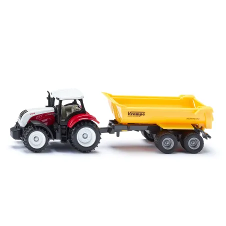 Tractor de juguete Steyr con remolque Krampe SIKU a escala de metal y plástico.