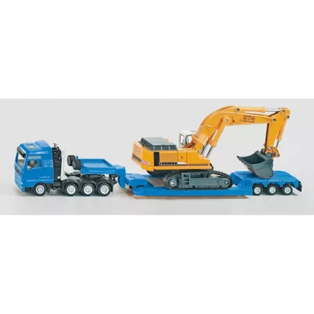 Excavadora de juguete Liebherr a escala 1:87 con chasis de orugas, pala y brazo móvil de metal y plástico.
