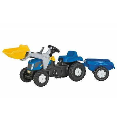 Tractor New Holland con pala y remolque a pedales