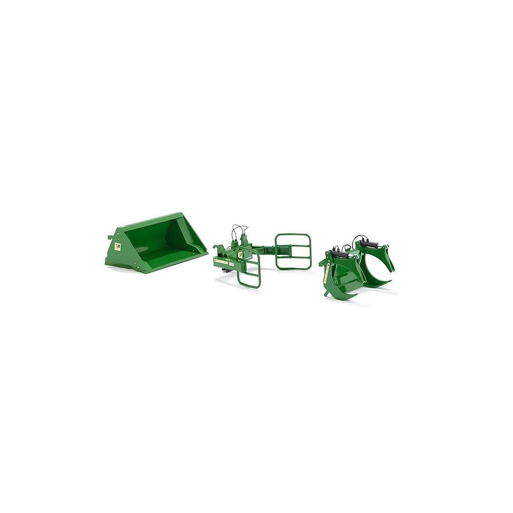 Un conjunto de herramientas cargadora John Deere verde - escala 1:32