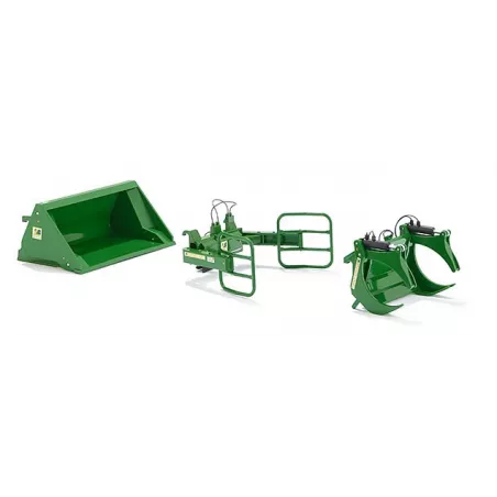 Un conjunto de herramientas cargadora John Deere verde - escala 1:32