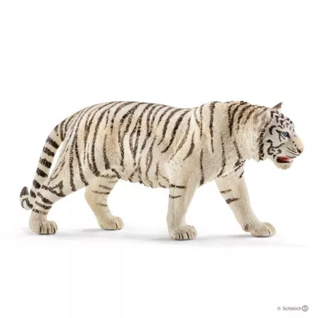Figura de juguete de tigre blanco de Schleich con ojos azules y pelaje detallado.