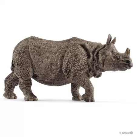 Figura de rinoceronte indio de juguete marca Schleich pintada a mano con detalles realistas.