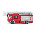Camión de bomberos de juguete Magirus Multistar TLF en metal y plástico con patas de apoyo.