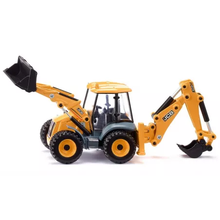 Juguete retroexcavadora JCB 4CX a escala 1:50 con pala y brazo móvil de metal y plástico.