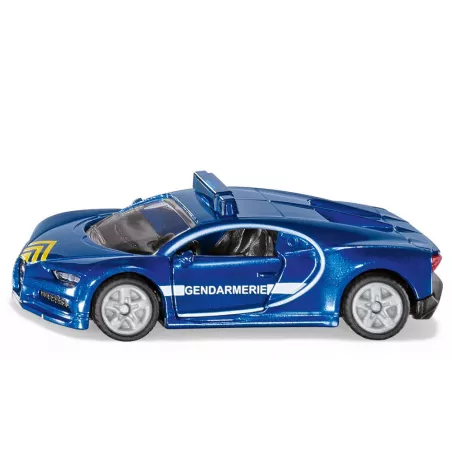 Coche de juguete Bugatti Chiron de la Gendarmería con puertas operables de metal y plástico.