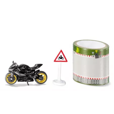 Modelo a escala Ducati Panigale 1299 en negro mate con detalles dorados y cinta de pista.