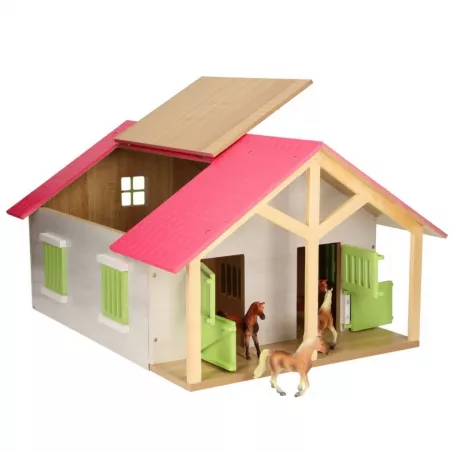 Establo de juguete de madera rosa con dos compartimentos y techo abatible a escala 1:24.
