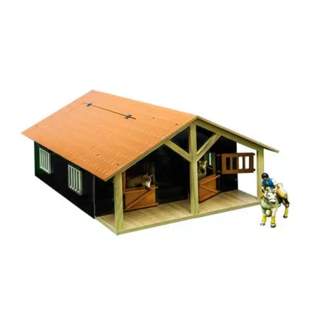 Establo de madera de juguete Kids Globe a escala 1:24 con dos compartimentos y techo abatible para caballos.