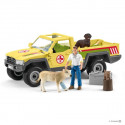 Set de rescate veterinario en la granja Schleich con camioneta de juguete y accesorios médicos.