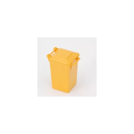 Cubo de basura amarillo de juguete Bruder a escala 1:16 para camiones municipales.