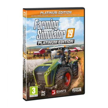 Farming Simulator 19 Platinum Edition con maquinaria agrícola CLAAS en un campo de cultivo.
