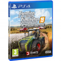 Carátula de Farming Simulator 19 Platinum Edition para PS4 con tractores CLAAS en un campo de cultivo.