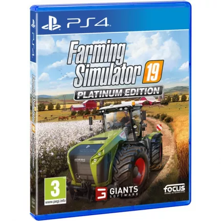 Carátula de Farming Simulator 19 Platinum Edition para PS4 con tractores CLAAS en un campo de cultivo.