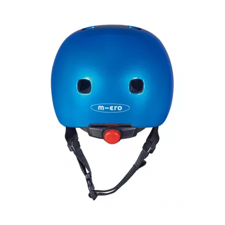 Casco infantil azul metalizado V2 con cierre magnético Fidlock y luz LED trasera de seguridad.